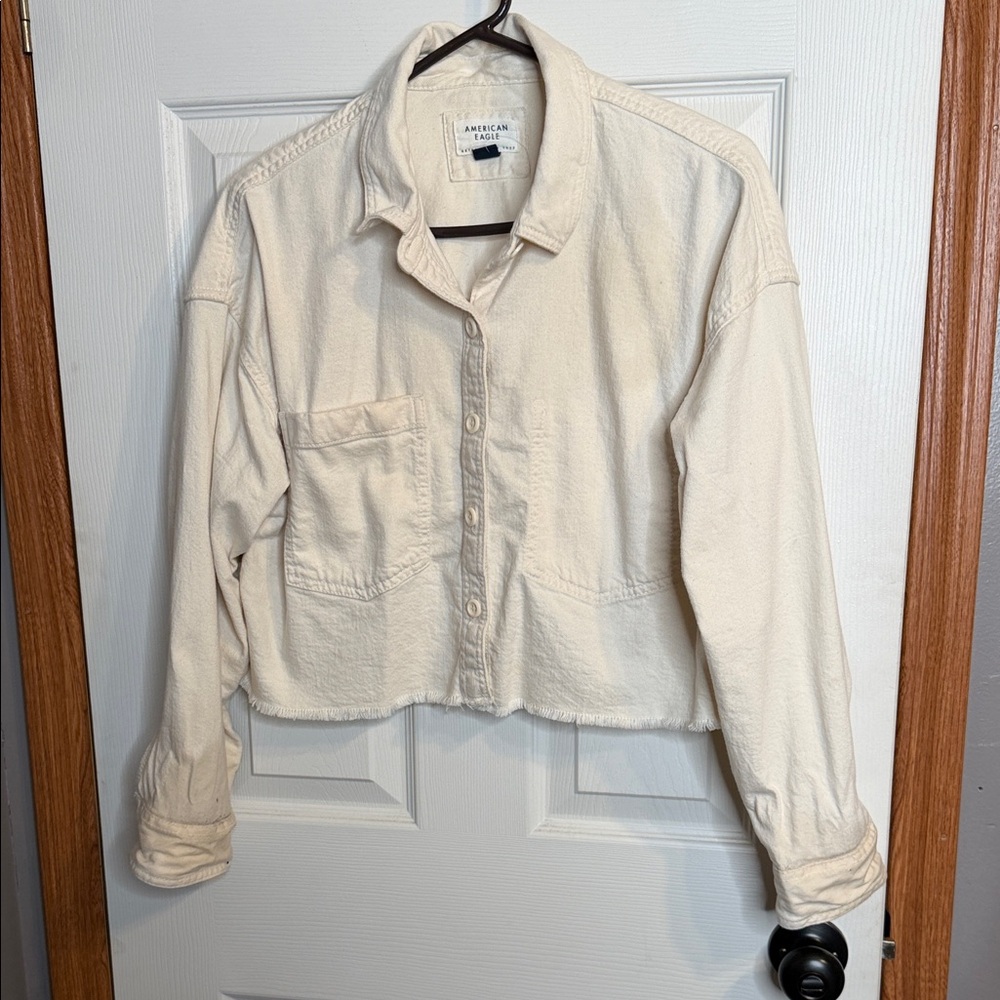 American Eagle Outfitters Cream Cropped Jean Jacket